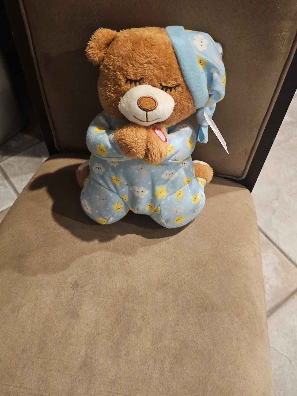 Prayer Bear in Light Blue Star & Cloud Pattern Press Hand & Bear Recites Prayer